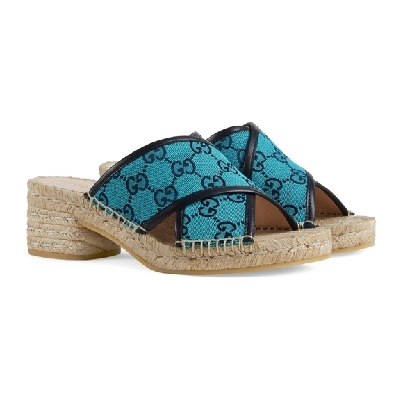 Gucci GG Block Heel Espadrille Sandals Blue 40 8.5 Blue NEW NIB - Picture 1 of 14
